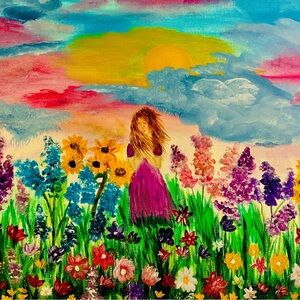 Acrylic painting of a woman in a field of flowers